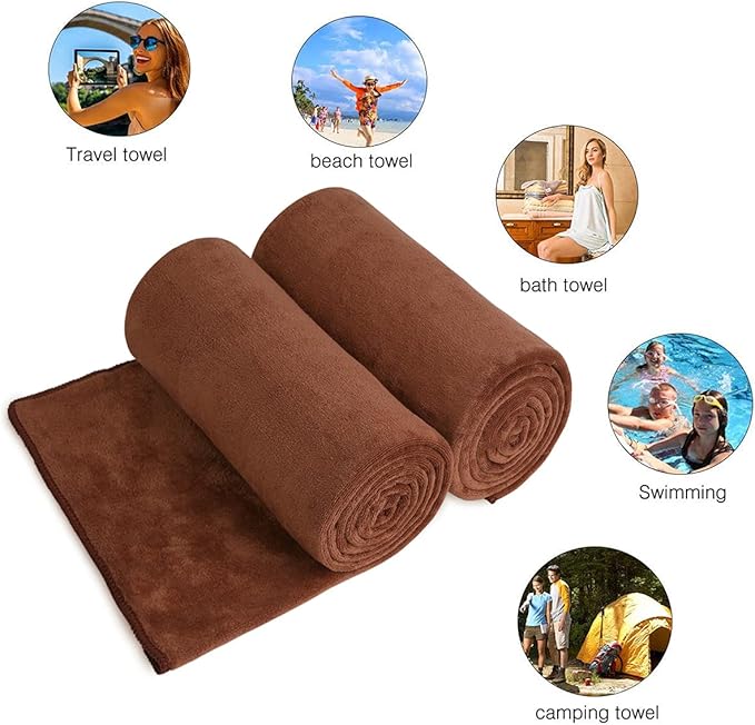 JML Large Bath Towels Set of 2, Microfiber Towel, 30" x 60", Oversized, Soft, Absorbent, Fast Drying for Sauna, Salon, Hotel, Sport, Fitness, Yoga, Brown