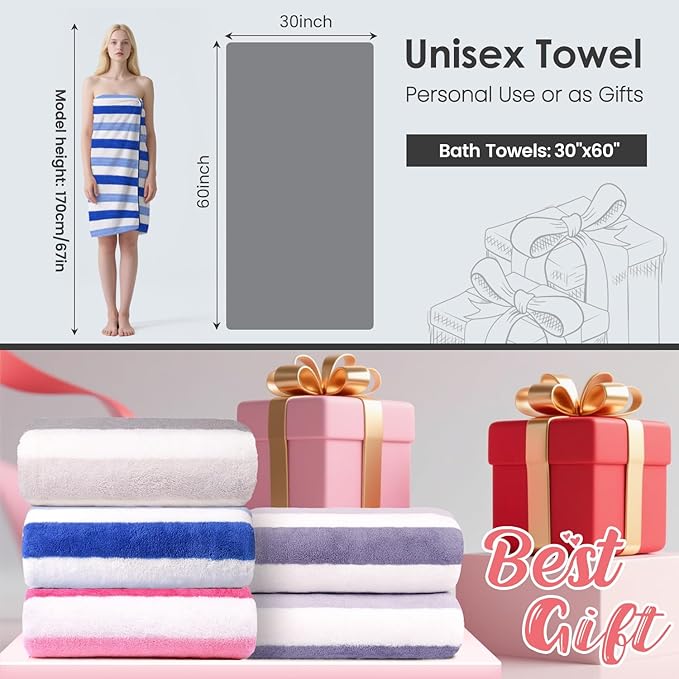 JML Bath Towels Set, Large Microfiber Bath Towel for Body, 2 Pack, 30" x 60", Oversized, Soft, Super Absorbent,Fast Drying, Perfect for Shower, Sauna, Gym, Sports, Fitness, Yoga, Cabana Stripe Blue