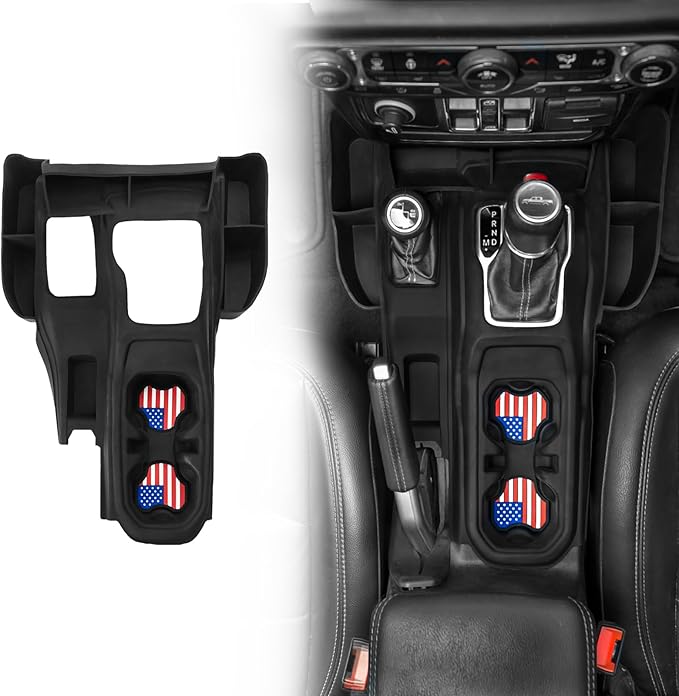 Center Console Organizer with Cup Holder for Jeep Wrangler JL Gladiator JT 2018–2025, Anti-Slip Cup Holder Insert Gear Shift Side Tray for Jeep Storage Accessories