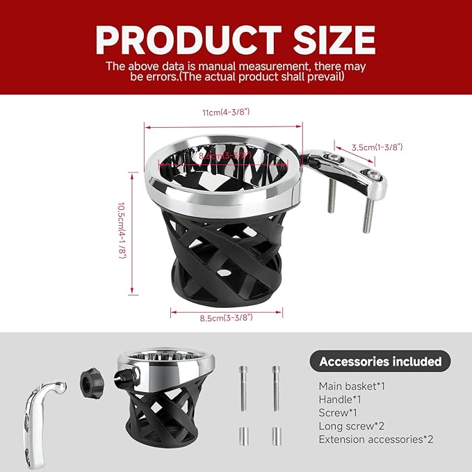 DREAMIZER Motorcycle Handlebar Drink Cup Holder Mount Water Bottle Holder with Mesh Basket Compatible with Harley Touring Road Glide Street Electra Glide Softail XL883 1200 1996-up, Chrome