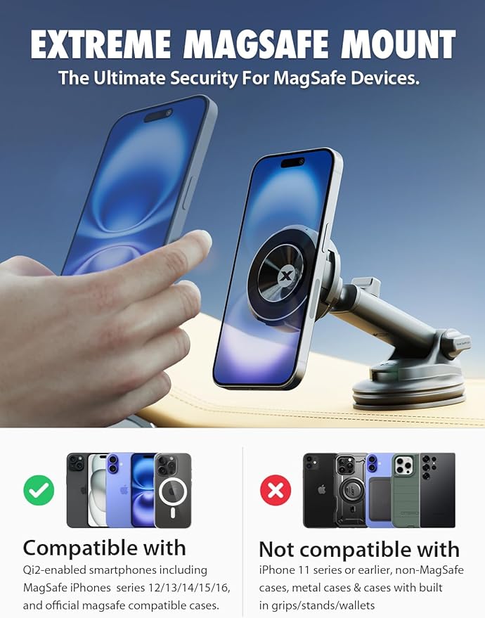 Bracketron MagSafe Car Mount,MagAlign Max Magnetic Phone Holder for Car Windshield & Dashboard,360 Vacuum Suction Magnetic Car Phone Holder for iPhone 17 Pro Max 16 15 14 13 - MagSafe Car Accessories