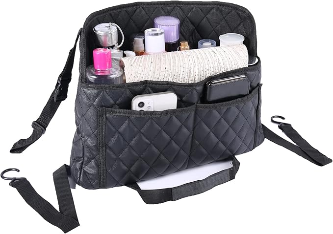 Modern Minimalist Car Seat Storage Bag - Black Faux Leather Caddy - Automotive Seat Back Organizer - 2 Compartments - Rectangular - Durable - Seat-back mounted - 15.35 x 3.94 x 10.63 inches