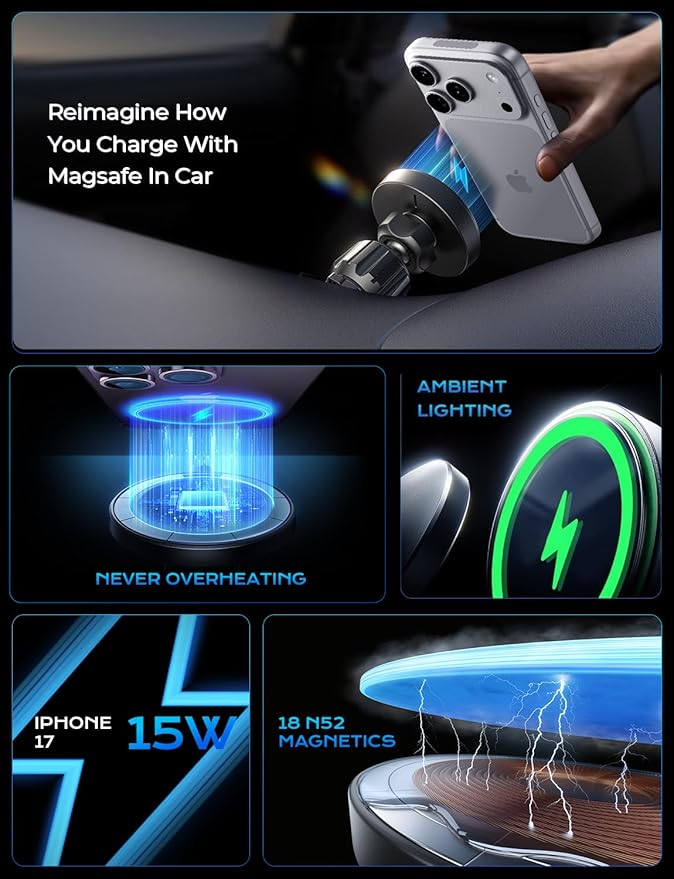 LISEN for Qi2 15W MagSafe Car Mount Charger,Super Fast Magnetic Wireless Car Charger for iPhone 16 Pro Max Accessories，Qi2 Fast Charging MagSafe Charger Fits iPhone 17 Pro Max 16 15 14 13 12 Series