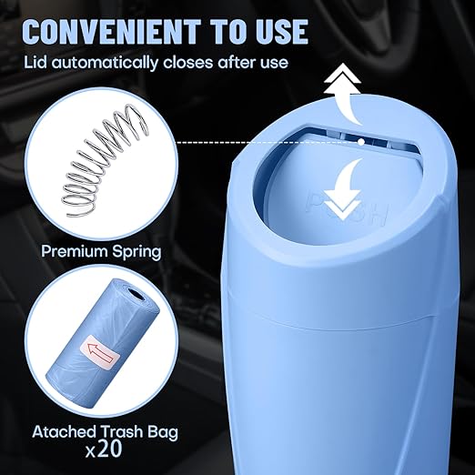 Car Trash Can with Lid - Blue Mini Leakproof Vehicle Garbage Can Bin with 20pcs Trash Bags - Car Organizers and Storage for Front Back Seat Accessories