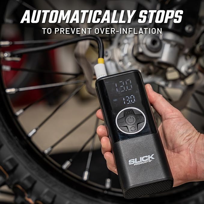 Slick Products Portable Digital Air Pump Tire Inflator – Cordless Rechargeable 150 PSI Pump with LED Flashlight, Power Bank, Presta Valve Adapter, Ball Needle, Power Cord and USB Cable