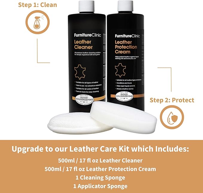 Furniture Clinic Leather Cleaner | Non-Toxic | Removes Dirt & Grime | All-Purpose Cleaning Solution for Couches, Car Seats, Purses, Shoes & Saddles | Restores All Leather Types | 8.5oz / 250ml