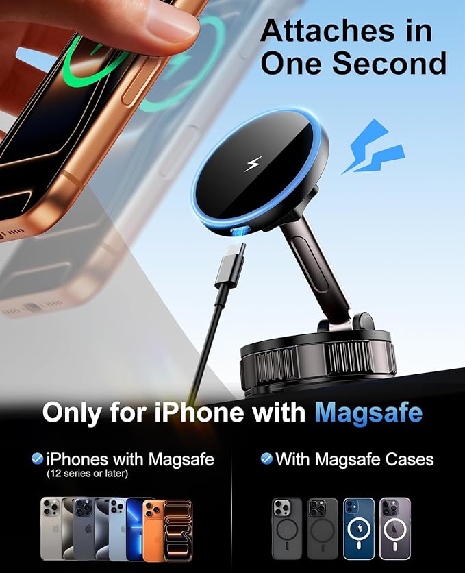 iPhone Magsafe Car Mount Charger [15W Fast Wireless Charging, 120+ LB Strongest Suction & 2800gf Strongest Magnetic] 360° Adjustable Car Phone Holders for your car, for iPhone 17 16 15 14 13 12 series