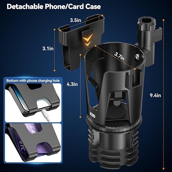 KDD Car Cup Holder Expander - 3 in 1 Cup Holder Adapter with Adjustable Base - Detachable Phone Holder & 360° Rotation Food Tray for Car - Compatible with Vehicles, Car, Road Trip Essentials