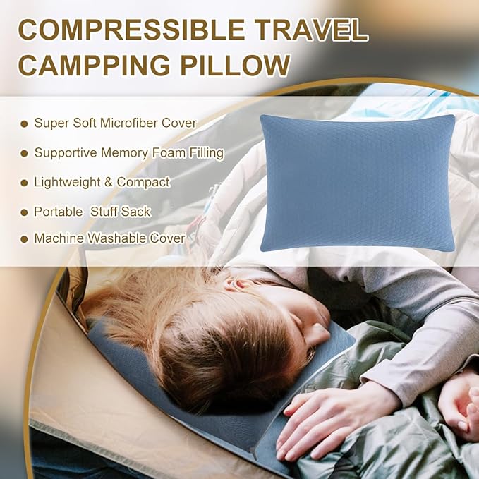 Ivellow Memory Foam Travel Pillow Compressible Camping Pillow for Sleeping Shredded Memory Foam Pillow Compact Firm Supportive Travel Pillow for Adults Kids Outdoor Hiking Essential Gear Blue-M