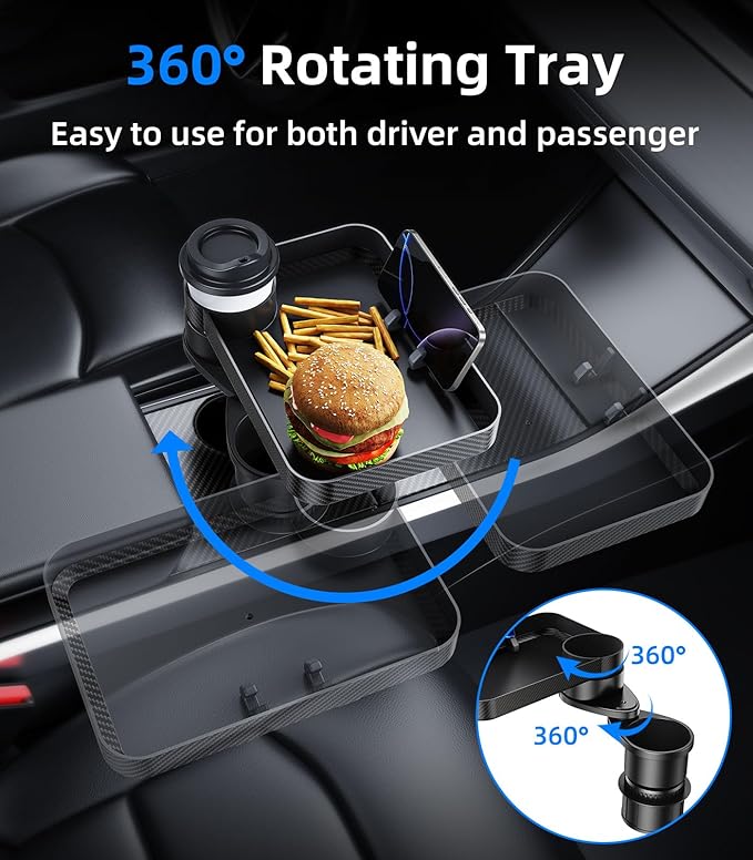Car Double Cup Holder Tray Table, Swivel Car Food Tray Table for Front/Rear Passenger Seat for Eating, Cup Holder Expander with Phone Holder, Drink Sauce Holder for Car, Road Trip Essentials