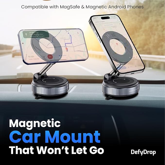 DefyDrop Vacuum Magnetic Car Phone Mount [Powerful Magnets & Secure Lock] 360° Adjustable Holder for Dashboard & Windshield Compatible with iPhone 16 15 14 Series, MagSafe Cases & Android Phones