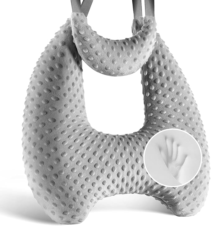 Memory Foam Kids Travel Pillow, Car Pillow for Kids, H-Shape Car Pillows for Sleeping, Removable Pillowcase, Adjustable, Velvet Dots, Grey