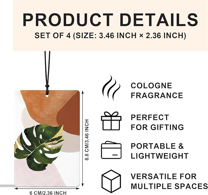 Boho Modern Botanical Car Air Freshener 4 Pcs, Minimalist Terracotta Tropical Plant Leaves Air Freshener Hanging for Cars Books Closet Drawer, Girly Car Accessories for Women