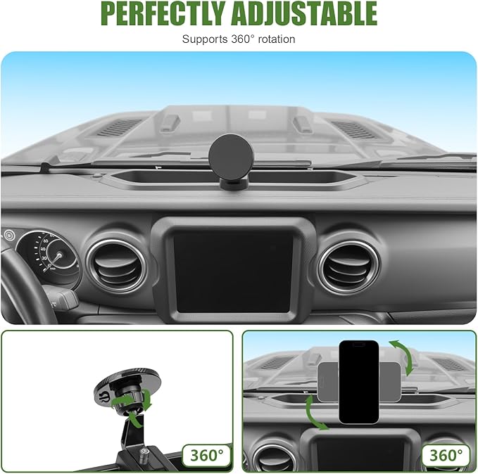 Magnetic Phone Mount Holder for 2018-2023 Jeep Wrangler JL JLU & 2020-2023 Gladiator JT Magnet Dash Cell Phone Cradles Adjustable Phone Stand Accessories for Jeep JL/JT(Not for 4XE/JK/2024+)