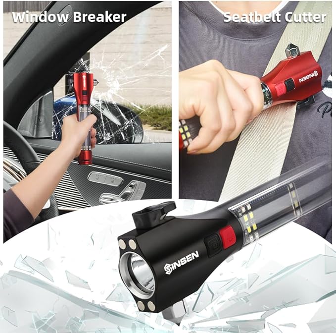 SINSEN Car Window Breaker Seatbelt Cutter, Emergency Escape Tool with Compass, Multi Tactical Safety Hammer Rescue Kit