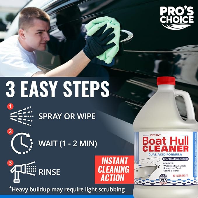[1 Galllon] Instant Boat Hull Cleaner - Made in USA - Powerful Dual Acid Formula Easily Removes Scum Lines, Rust Stains, Hard Waterlines, & More from Fiberglass, Gelcoat & Painted Boat Surfaces