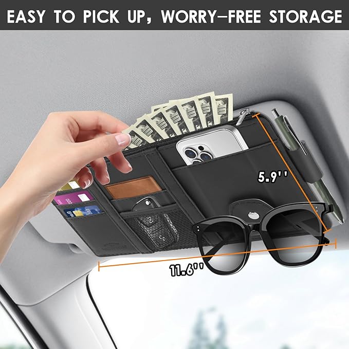 Car Sun Visor Organizer, Leather Pocket Organizer Sunglass Holder for Car Interior Accessories with Multi-Pocket Net Zipper (Black)