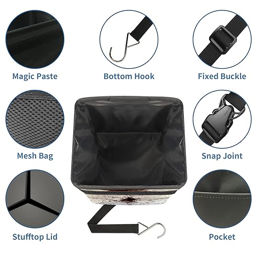 Western Brown Cow Print Car Trash Can with Lid Collapsible Reusable Waterproof Car Garage Bag,Automotive Garbage Can,Car Accessories Interior Car Organizer