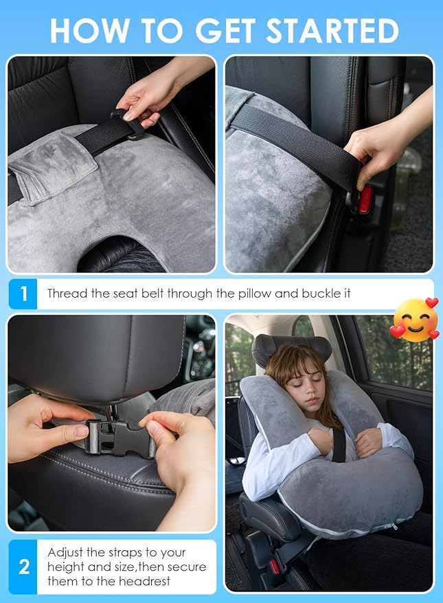QUEEN ROSE Car Travel Pillow for Sleeping, Adjustable Head Support for Adults & Kids, Breathable Soft Neck Cushion for Road Trips, Machine Washable Cover, Grey