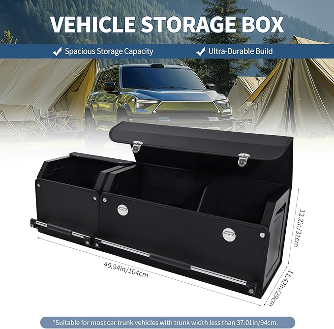 Car Trunk Organizer, Leather Trunk Organizer for SUV with Lid and Sturdy Handle Collapsible Adjustable Storage (Black, 41.6 x 11.4 x 12.2in)