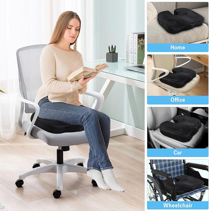Wheelchair Seat Cushion with Memory Foam - Relieves Sciatica, Back & Tailbone Pain, Pressure Relief Design for Comfort & Posture Support, Non-Slip Bottom, 18"x14"x2.8" (Black)
