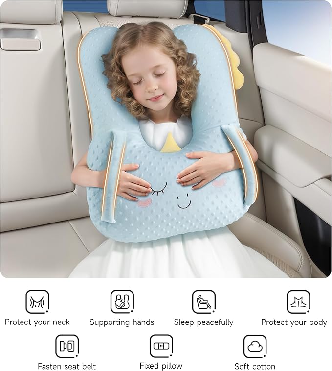 BEBAS U-Shaped Kids Travel Pillow for Car, Road Trip Essentials, Soft Neck Support for Long Trips, Adjustable Strap for Car Seats Airplane, Great Gift Idea (Blue Unicorn)