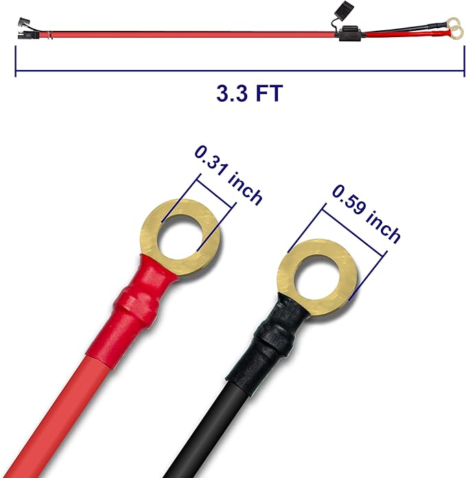 10AWG 3.3FT Charger Cable, SAE to O Ring Terminal Quick Disconnect Harness, 2 Pin SAE Connectors Extension Cables Cord with 15& 20A Fuse and 1 Reverse Plug for Car, Motorcycle, Solar Panel
