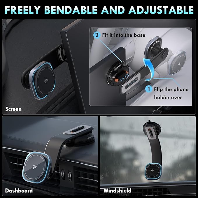 Coverado for 15W Magsafe Car Mount Charger, QI2 Wireless Car Charger Phone Holder fwith Adjustable Aluminum Alloy Arm, Magnetic Car Phone Holder Suction Cup for iPhone 17/16/15/14/13/12