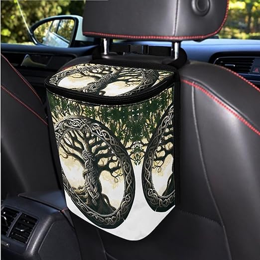 1.2 Gallons Hanging Trash Can, Tree of Life Garbage Bags for Cars, Adjustable Hanging for Tail of Console/Back of Seats, Odor-Free with Zipper Leak-Proof Lid Design, Mini Size for Convenience