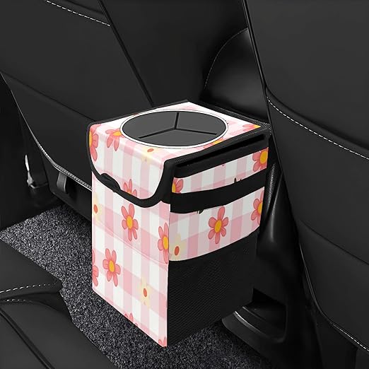 Car Trash Can with Lid, Small Portable Hanging Automotive Garbage Bin for Vehicles, Leakproof Waste Bag Container for SUV Truck Van Interior Auto Travel Road Trips(Pink Gingham)