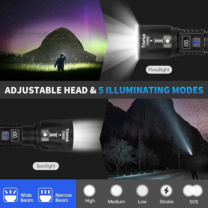 Rechargeable Flashlights 3Pack High Lumens, 5Mode Rechargeable Flashlights with LCD Digital Display, Super Bright Flashlight Adjustable Flash Light, High Powered LED Flashlight for Emergency