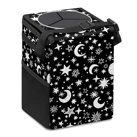 Gothic Black White Moon Stars Car Trash Can with Lid Collapsible Reusable Waterproof Car Garage Bag,Automotive Garbage Can,Car Accessories Interior Car Organizer