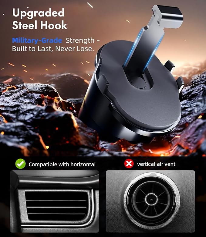 Car Phone Mount for Air Vent [Never Fall & 360° Adjustable] [Case Friendly | One-Hand Operation] Military-Grade Steel Hook Cell Phone Holder for Car Compatible with iPhone, Samsung, All 4–7” Phones