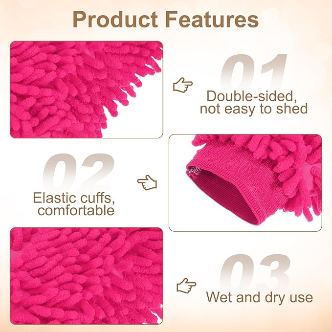 HARFINGTON 2pcs Chenille Microfiber Car Wash Mitts 9.8" x 7.9" Scratch Free Wash Gloves Absorbent Double Sided Plush Cleaning Drying Mitts for Car Washing Home Rose Red