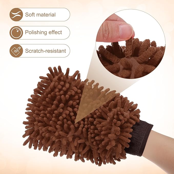 HARFINGTON Premium Chenille Microfiber Car Wash Mitts 9.8" x 7.9" Scratch Free Wash Gloves Absorbent Double Sided Plush Cleaning Drying Mitts for Car Washing Home Brown