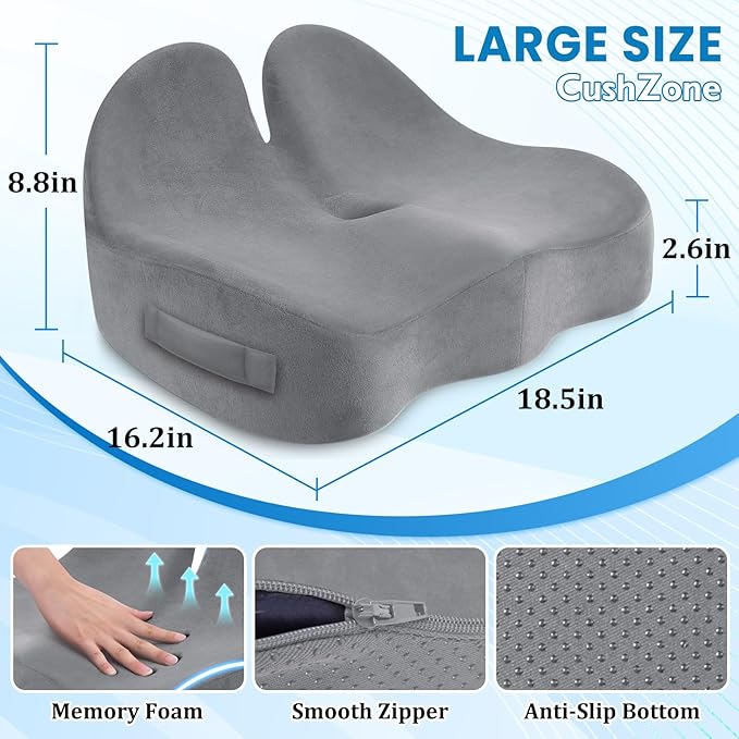 Seat Cushion, Memory Foam Office Chair Seat Cushion for Office Chairs/Car/Long Trip/Desk Chair/Gaming, Large Size for Sciatica & Hip & Tailbone Pain Relief, Sciatica Support (Light Gray)