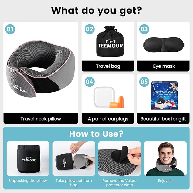 Travel Neck Pillow Airplane- Stocking Stuffers Upgraded 360° Support Travel Pillows for Airplanes, with Eye Mask & Earplugs, Portable Carry Bag for Long Flights, Business Trip|Travel Essentials