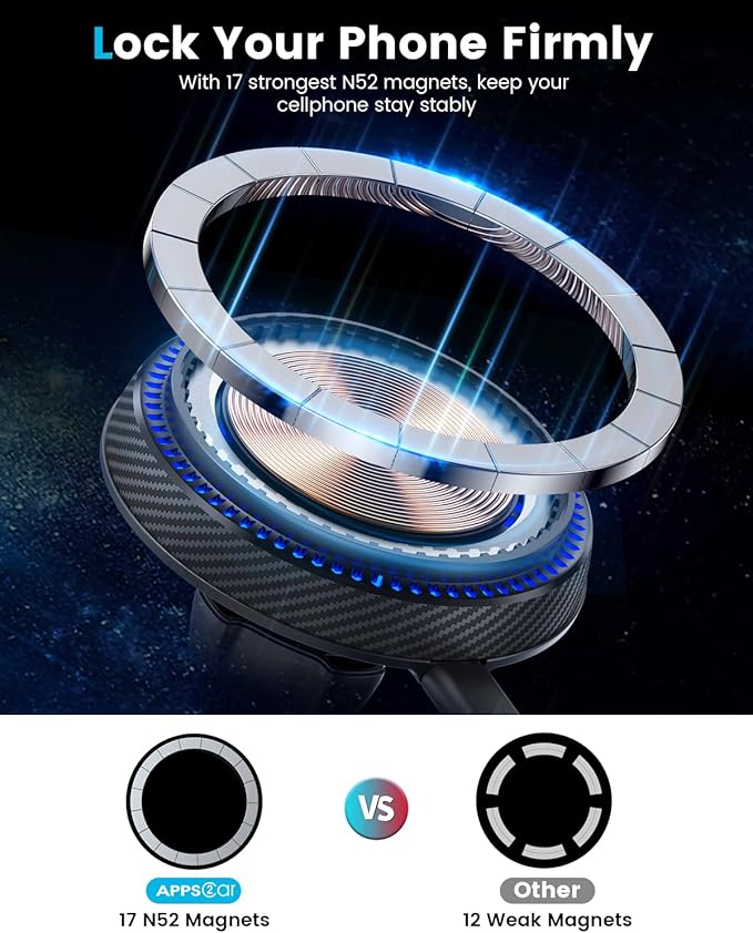 APPS2Car for Magsafe Car Mount Charger Tri-Pivot Magnetic Wireless Cup Holder Phone Mount for Car Truck with Cooling Fan Fast Charging for iPhone 17 16 15 14 13 12 Series [with Car Adapter]