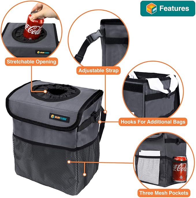 SUN CUBE Waterproof Car Trash Can with Lid, Mesh Pockets | Leakproof Car Garbage Can Hanging | Auto Trash Bin, Garbage Bag Organizer for Headrest, Console, Truck (Dark Gray)