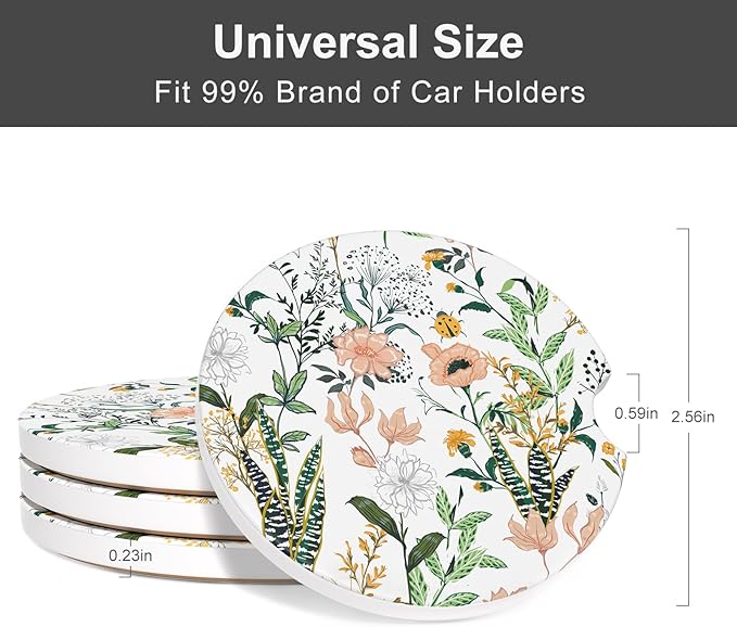 Car Cup Holder Coaster, Car Coasters for Cup Holders, 4 Pack Universal Anti Slip Insert Absorbent Ceramic Auto Interior Accessories with A Finger Notch & Cork Base, Village Road Flowers