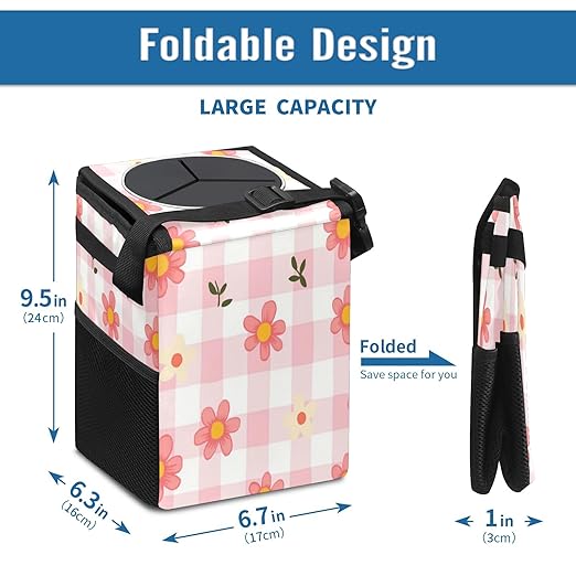 Car Trash Can with Lid, Small Portable Hanging Automotive Garbage Bin for Vehicles, Leakproof Waste Bag Container for SUV Truck Van Interior Auto Travel Road Trips(Pink Gingham)