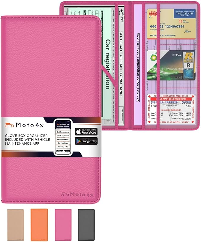Pink Magnetic Shut Insurance and Registration Holder, Premium PU Leather Glove Box Organizer for Car, Popular Car Accessories for Girls, Organize Vehicle Documents with style, Size 9.5 in x 5.1 in