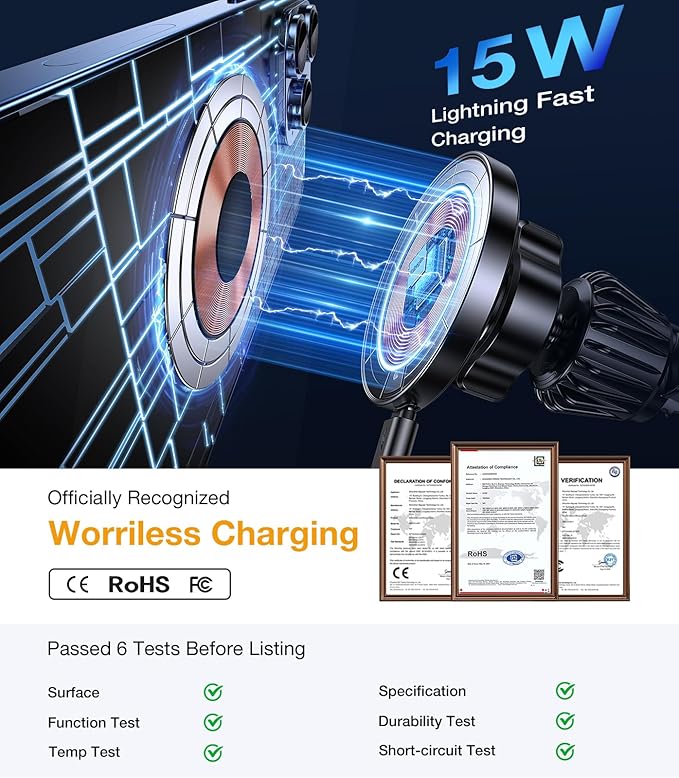 Coolpow for Magsafe Car Mount Charger【100% Stable】 15W Magsafe Car Charger Magnetic Phone Holders for Your Car Accessories for Women Men car Phone Holder Wireless Car Charger for iPhone