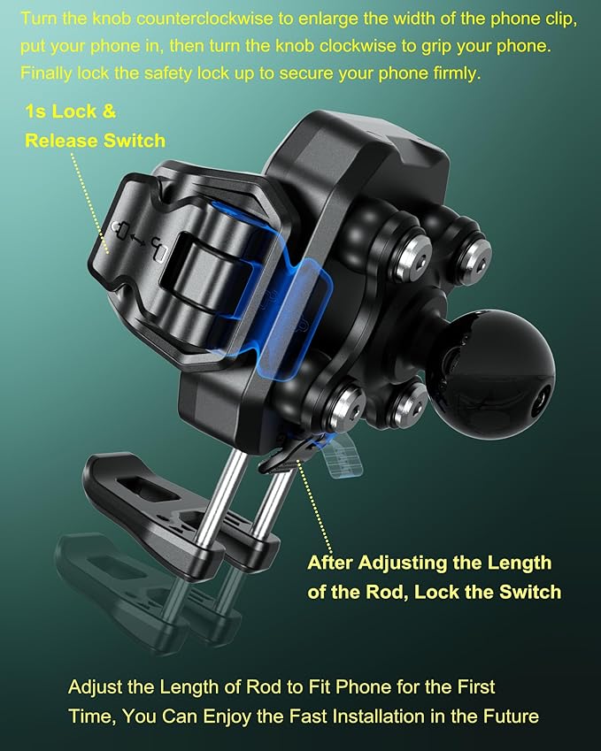 BRCOVAN Anti-Theft Phone Mount Holder with Vibration Dampener [Camera Friendly] [1s Lock & Release], with Aluminum Diamond Base & Medium Arm for Car Boat Truck Motorcycle UTV ATV Fit 5.4-7.2'' Phone