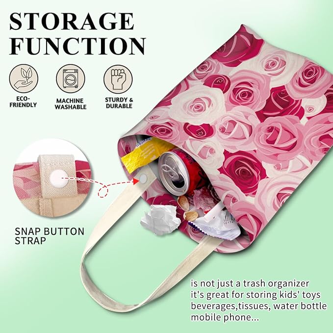 Car Trash Can, Cute Car Trash Bag, Hanging Car Organizer and Storage Bag, Trash Bin for Car Accessories, Vehicle, Travelling, Camping Red Pink Roses