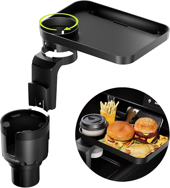 Car Cup Holder Tray -Expander- 3 in 1 Detachable Food Table Tray with Solid Base - Road Trip Essentials Accessories Gadgets - Fits Yeti, Hydro Flask 32/40 oz