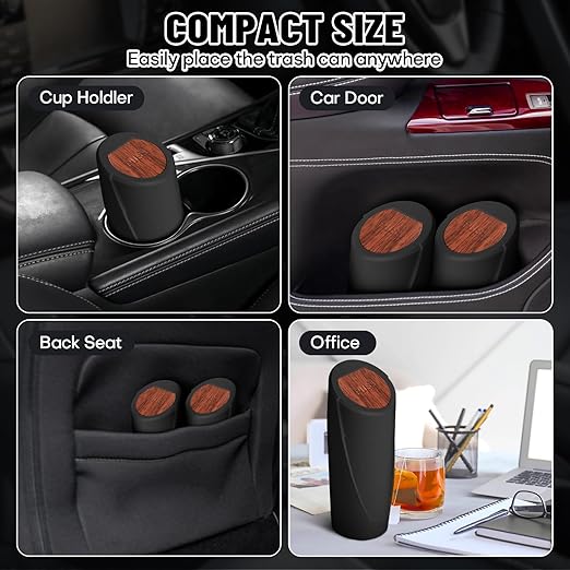 Car Trash Can Bin with Lid - Car Garbage Can Cup Holder - Mini Leakproof Vehicle Garbage Bin with 20pcs Trash Bags-Automotive Organizers and Storage for Front Back Seat Accessories(Wood Grain Lid)