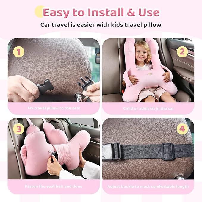 FLORICH Kids Travel Pillow, Car Sleeping Travel Pillow for Kids, Washable H-Shaped Pillow for Adults and Children to Support Head and Body for Road Trips Pillow for Car (Pink)