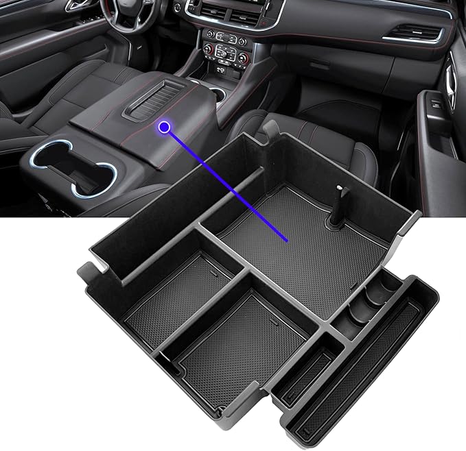 (Full Coverage) 2025 Suburban Yukon Tahoe Premier Sliding Console Tray Center Console Organizer Tray for GMC Yukon Chevy Tahoe Suburban 2021 2022-2024 2025 Armrest Storage Box 2023 Chevrolet Suburban