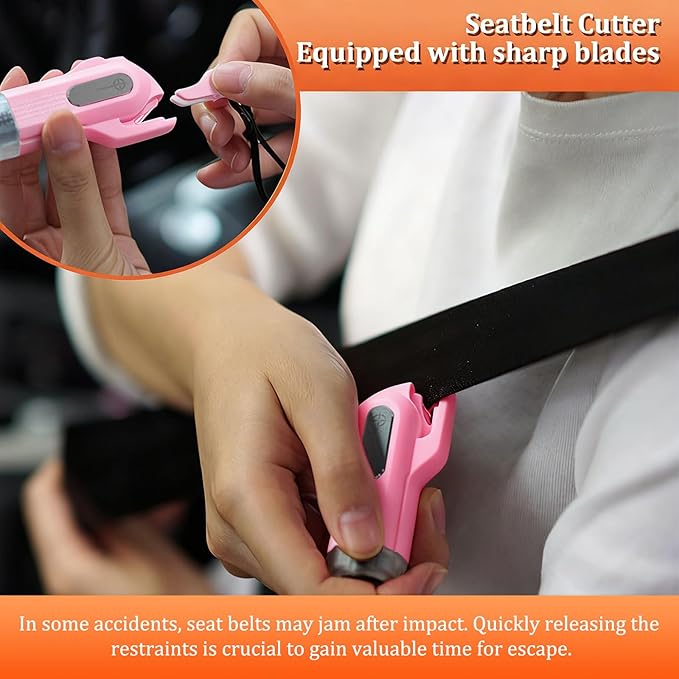 2-in-1 Window Glass Breaker Seatbelt Cutter, 2-Pack Emergency Keychain Car Escape Survival Tool, Safehammer for Land/Underwater, Pink & Black